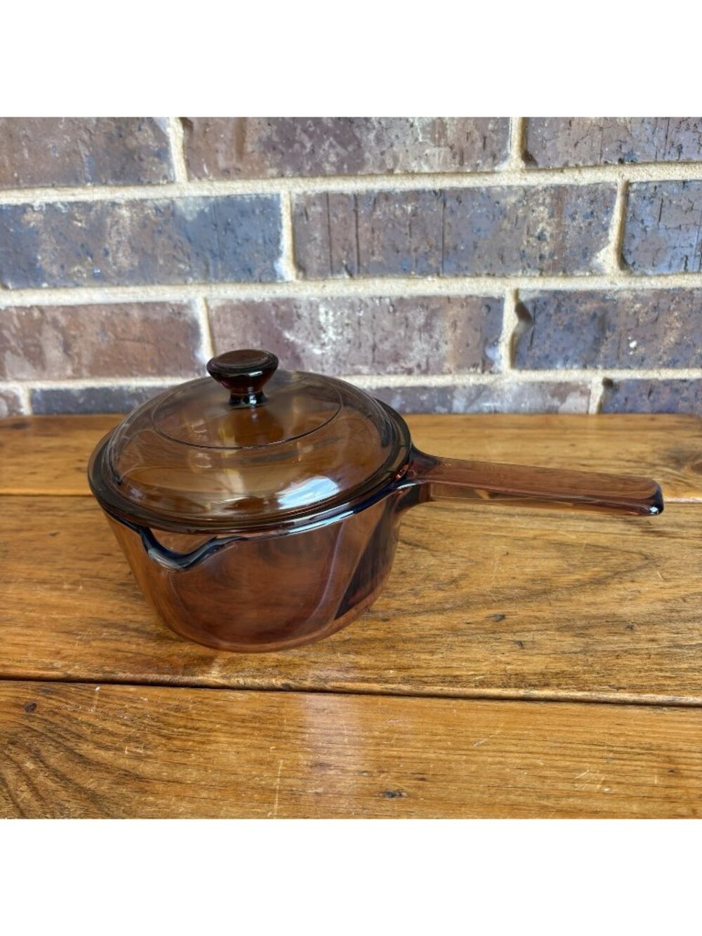 Vintage Vision Corning 1L Amber Glass Saucepan Pot w/ Pyrex Lid Pour Spout